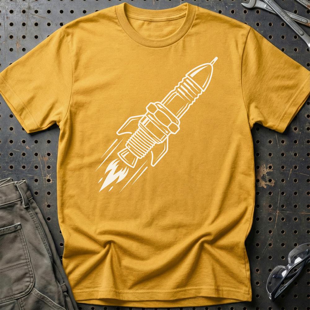 Rocket Plug - Klar Til Start T-Shirt-Beklædning-Garage Culture-Guld-S-Garage Culture Shop- garage - man cave - merchandise