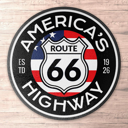 Route 66 Americas Highway, Runde Skilte , Musemåtte Rundt , Kop Underlag, Underlagssæt-Runde Skilte-Route 66-Garage Culture Shop- garage - man cave - merchandise