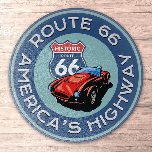 Route 66 Americas Highway, Runde Skilte , Musemåtte Rundt , Kop Underlag, Underlagssæt-Runde Skilte-Route 66-Garage Culture Shop- garage - man cave - merchandise