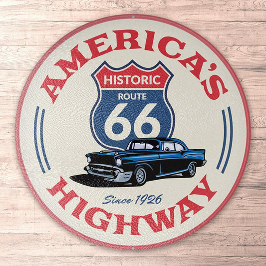Route 66 Americas Highway, Runde Skilte , Musemåtte Rundt , Kop Underlag, Underlagssæt-Runde Skilte-Route 66-Garage Culture Shop- garage - man cave - merchandise