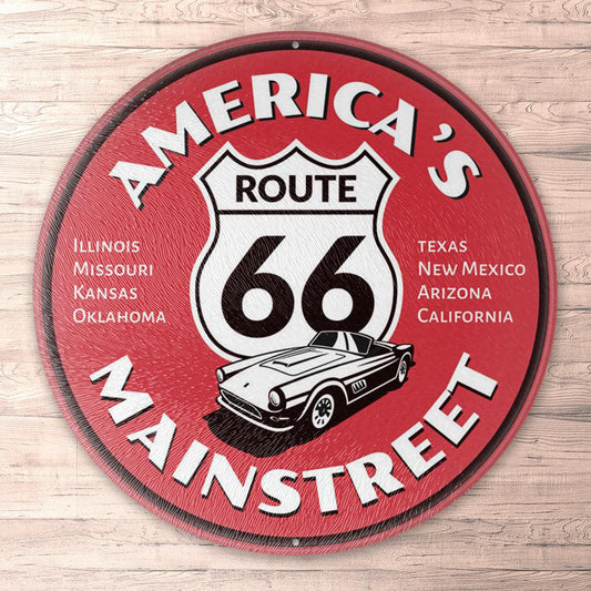 Route 66 Americas Main Street, Runde Skilte , Musemåtte Rundt , Kop Underlag, Underlagssæt-Runde Skilte-Route 66-Garage Culture Shop- garage - man cave - merchandise