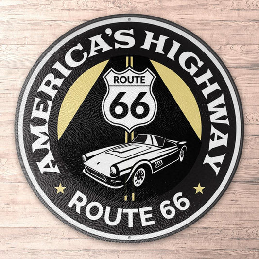 Route 66 Americas Roadway, Route 66 Lover, Runde Skilte , Musemåtte Rundt , Kop Underlag, Underlagssæt-Runde Skilte-Route 66-Garage Culture Shop- garage - man cave - merchandise