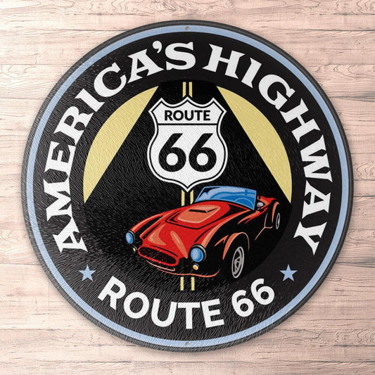 Route 66 Americas Route, Runde Skilte , Musemåtte Rundt , Kop Underlag, Underlagssæt-Runde Skilte-Route 66-Garage Culture Shop- garage - man cave - merchandise