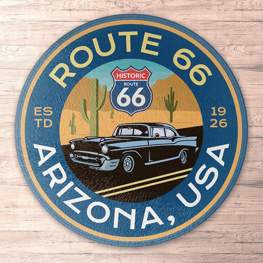 Route 66 Arizona, Runde Skilte , Musemåtte Rundt , Kop Underlag, Underlagssæt-Runde Skilte-Route 66-Garage Culture Shop- garage - man cave - merchandise