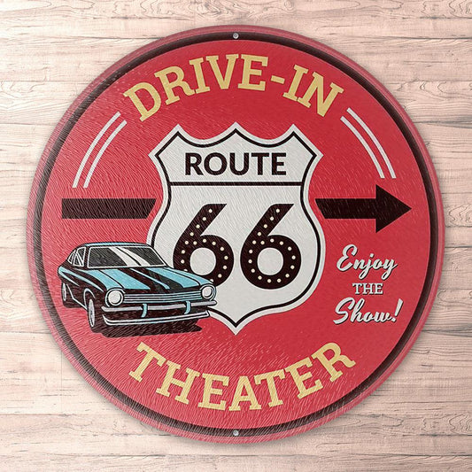 Route 66 Drive-In Theater, Runde Skilte , Musemåtte Rundt , Kop Underlag, Underlagssæt-Runde Skilte-Route 66-Garage Culture Shop- garage - man cave - merchandise