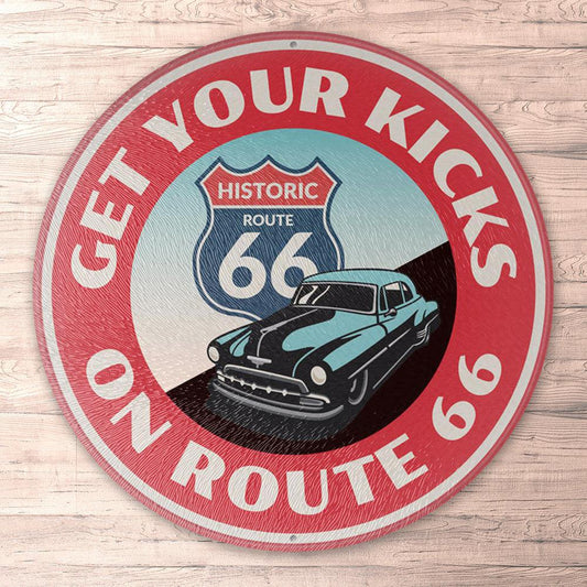 Route 66 Get Your Kicks On Route 66, Runde Skilte , Musemåtte Rundt , Kop Underlag, Underlagssæt-Runde Skilte-Route 66-Garage Culture Shop- garage - man cave - merchandise