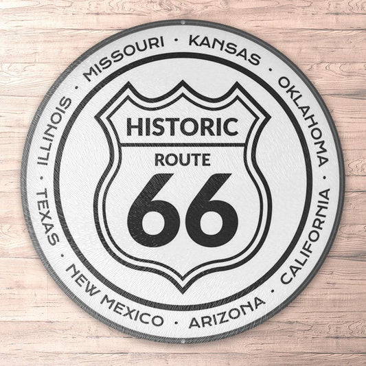 Route 66 Historic Route 66, Runde Skilte , Musemåtte Rundt , Kop Underlag, Underlagssæt-Runde Skilte-Route 66-Garage Culture Shop- garage - man cave - merchandise