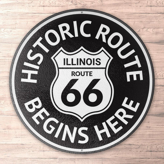 Route 66 Historic Route Begins Here, Runde Skilte , Musemåtte Rundt , Kop Underlag, Underlagssæt-Runde Skilte-Route 66-Garage Culture Shop- garage - man cave - merchandise