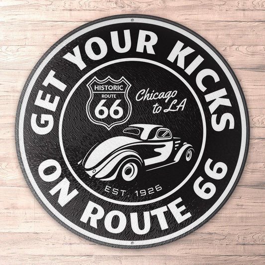 Route 66 Kicks On Route 66, Runde Skilte , Musemåtte Rundt , Kop Underlag, Underlagssæt-Runde Skilte-Route 66-Garage Culture Shop- garage - man cave - merchandise