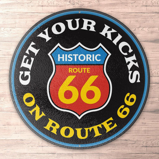 Route 66 Kicks On Route 66 Sign, Runde Skilte , Musemåtte Rundt , Kop Underlag, Underlagssæt-Runde Skilte-Route 66-Garage Culture Shop- garage - man cave - merchandise