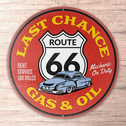 Route 66 Last Chance Gas And Oil, Runde Skilte , Musemåtte Rundt , Kop Underlag, Underlagssæt-Runde Skilte-Route 66-Garage Culture Shop- garage - man cave - merchandise