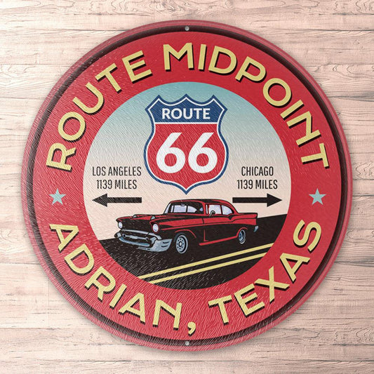 Route 66 Route Midpoint, Adrian Texas, Runde Skilte , Musemåtte Rundt , Kop Underlag, Underlagssæt-Runde Skilte-Route 66-Garage Culture Shop- garage - man cave - merchandise