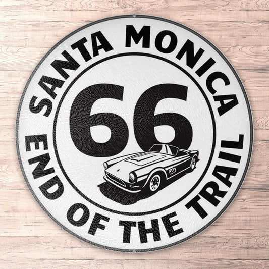 Route 66 Santa Monica, End Of Route 66, Runde Skilte , Musemåtte Rundt , Kop Underlag, Underlagssæt-Runde Skilte-Route 66-Garage Culture Shop- garage - man cave - merchandise