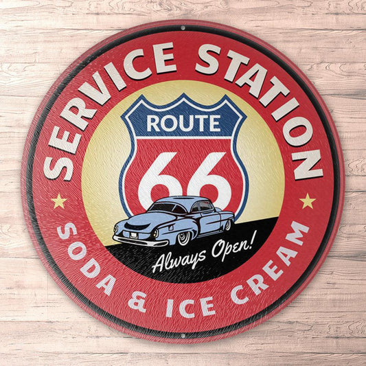 Route 66 Service Station, Runde Skilte , Musemåtte Rundt , Kop Underlag, Underlagssæt-Runde Skilte-Route 66-Garage Culture Shop- garage - man cave - merchandise
