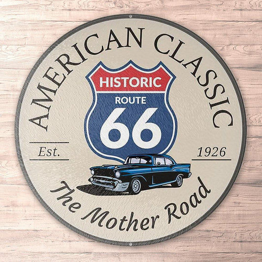 Route 66 The Mother Road, Runde Skilte , Musemåtte Rundt , Kop Underlag, Underlagssæt-Runde Skilte-Route 66-Garage Culture Shop- garage - man cave - merchandise