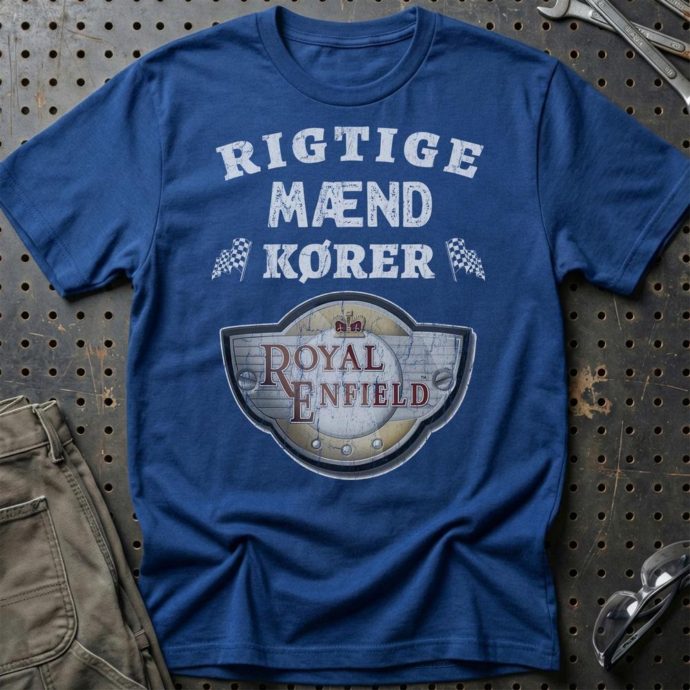 Royal Enfield Rigtige Mænd Kører T-Shirt-Beklædning-Royal Enfield-Blå Royal-S-Garage Culture Shop- garage - man cave - merchandise
