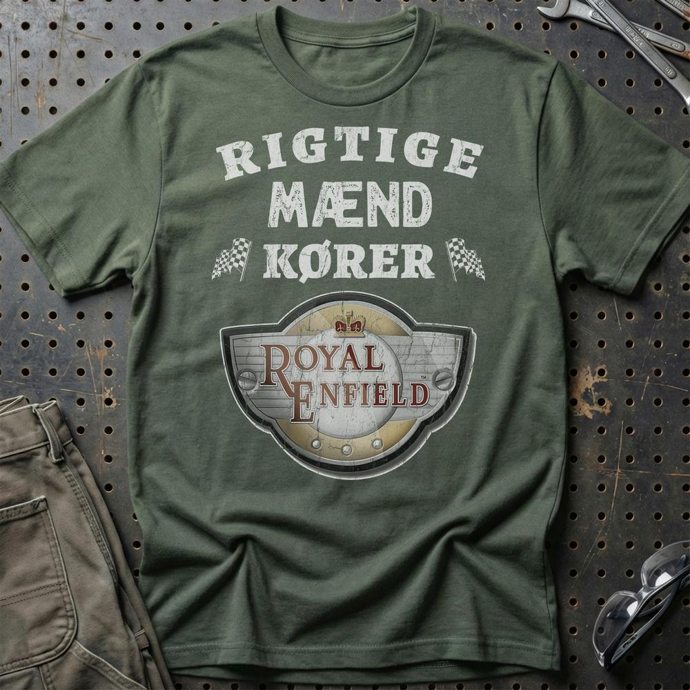 Royal Enfield Rigtige Mænd Kører T-Shirt-Beklædning-Royal Enfield-Grøn Militær-S-Garage Culture Shop- garage - man cave - merchandise