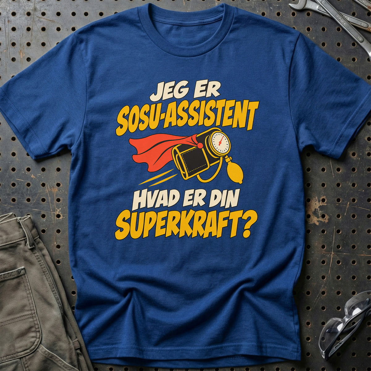
SOSU-assistent – Hvad er din superkraft? – Unisex T-Shirt – Blå Royal