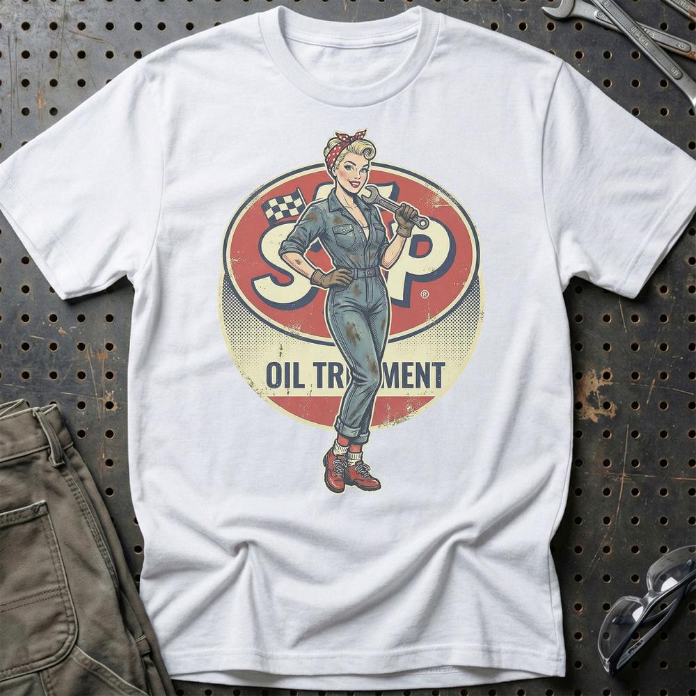STP Pinup - Unisex T-Shirt , Bomuld-Beklædning-Motoroil-Hvid-S-Garage Culture Shop- garage - man cave - merchandise