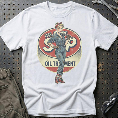 STP Pinup - Unisex T-Shirt , Bomuld-Beklædning-Motoroil-Hvid-S-Garage Culture Shop- garage - man cave - merchandise