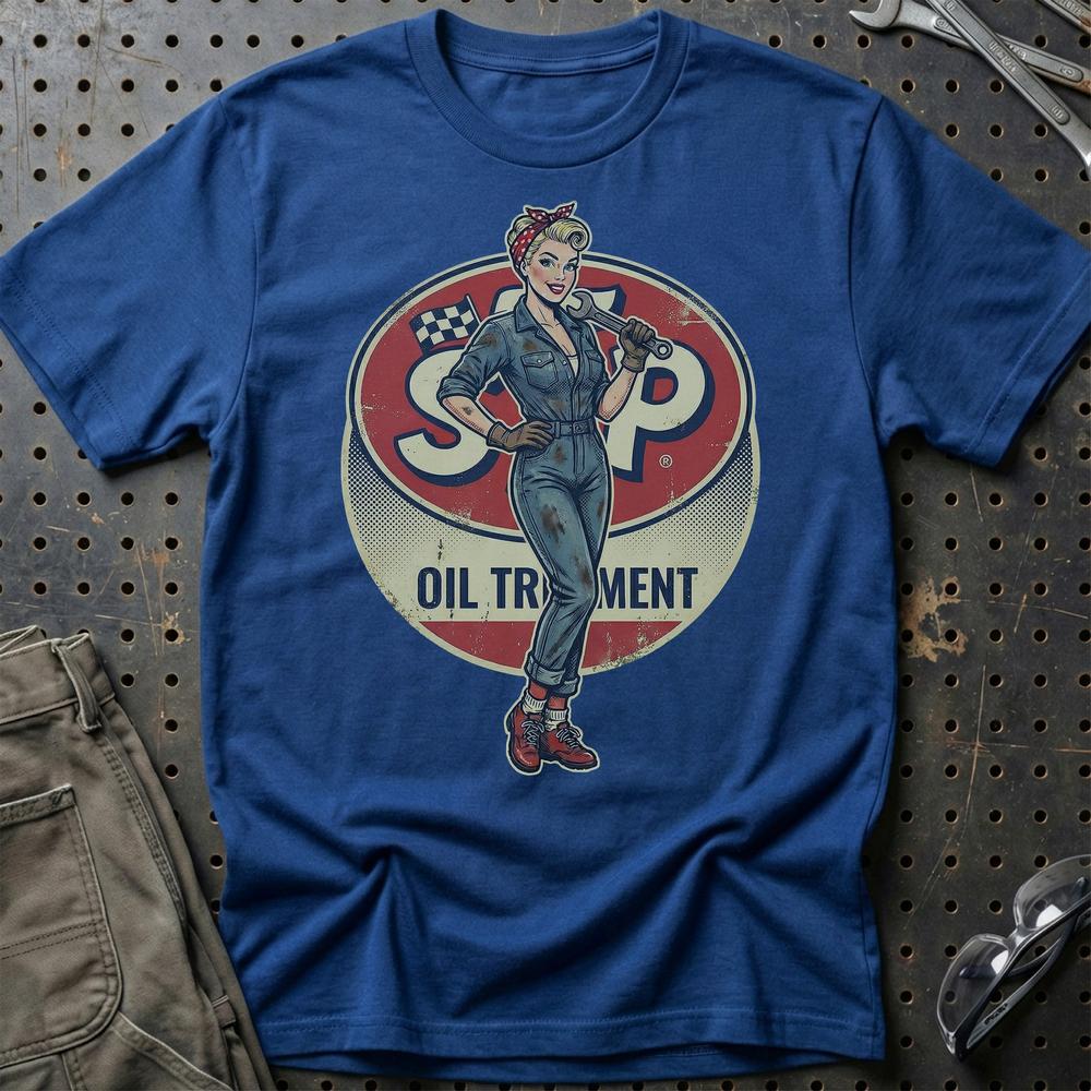 STP Pinup - Unisex T-Shirt , Bomuld-Beklædning-Motoroil-Blå Royal-S-Garage Culture Shop- garage - man cave - merchandise