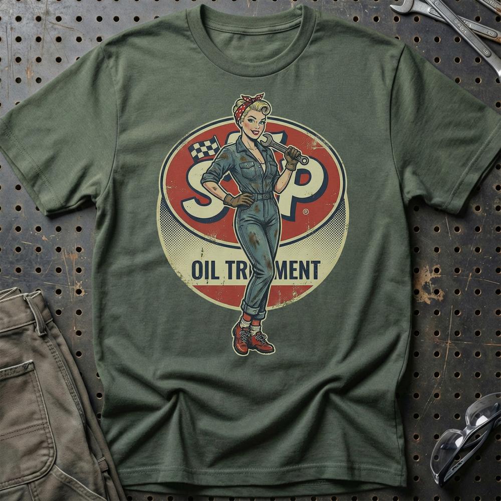 STP Pinup - Unisex T-Shirt , Bomuld-Beklædning-Motoroil-Grøn Militær-S-Garage Culture Shop- garage - man cave - merchandise