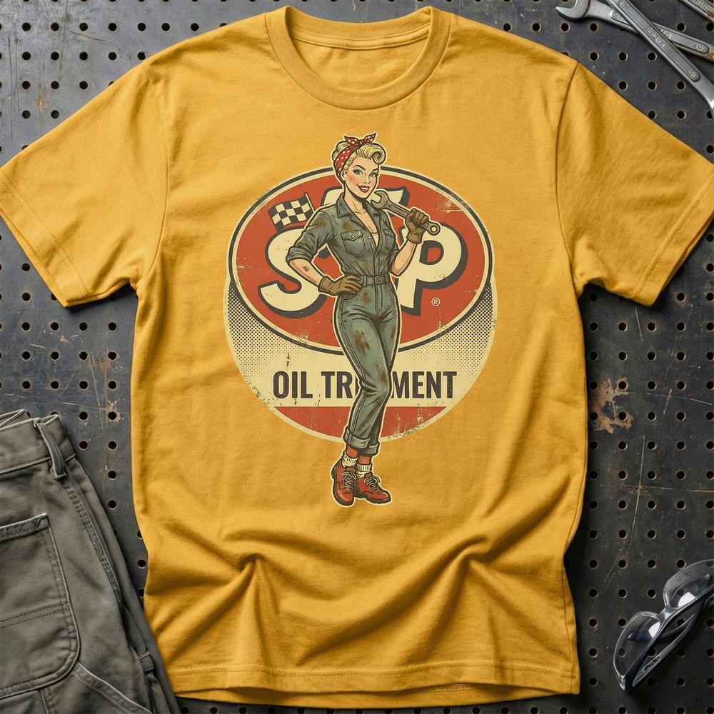 STP Pinup - Unisex T-Shirt , Bomuld-Beklædning-Motoroil-Guld-S-Garage Culture Shop- garage - man cave - merchandise