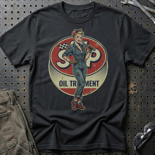 STP Pinup - Unisex T-Shirt , Bomuld-Beklædning-Motoroil-Sort-S-Garage Culture Shop- garage - man cave - merchandise