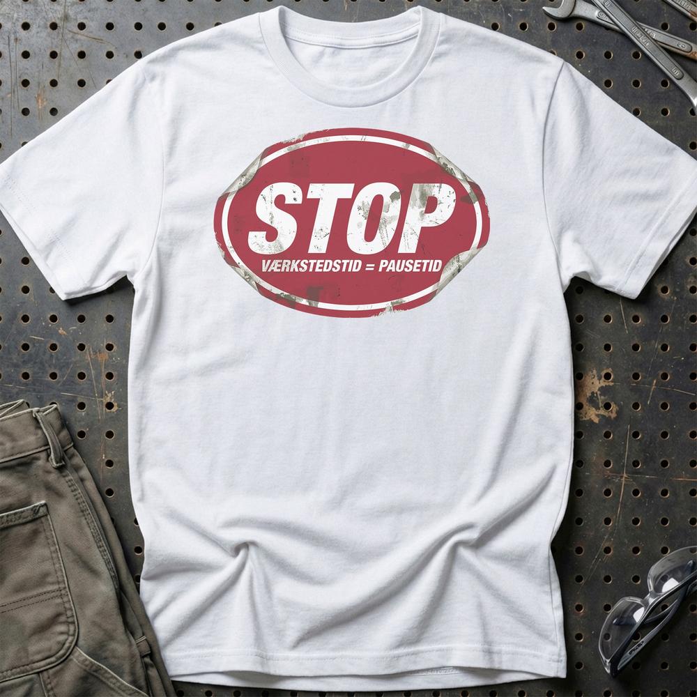 STP Stop Værkstedstid = Pausetid - Unisex T-Shirt-Beklædning-Motoroil-Hvid-S-Garage Culture Shop- garage - man cave - merchandise