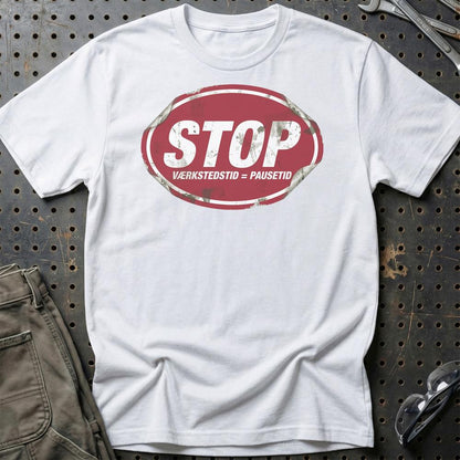 STP Stop Værkstedstid = Pausetid - Unisex T-Shirt-Beklædning-Motoroil-Hvid-S-Garage Culture Shop- garage - man cave - merchandise