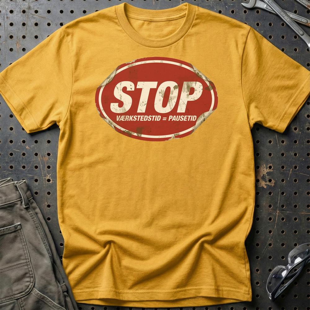 STP Stop Værkstedstid = Pausetid - Unisex T-Shirt-Beklædning-Motoroil-Guld-S-Garage Culture Shop- garage - man cave - merchandise