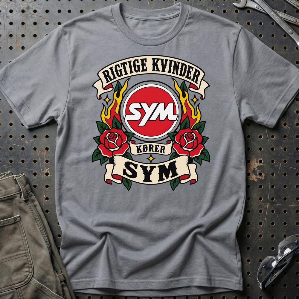 SYM Rigtige Kvinder Kører – Roser og Flammer T-Shirt-Beklædning-SYM-Grå Sport-S-Garage Culture Shop- garage - man cave - merchandise