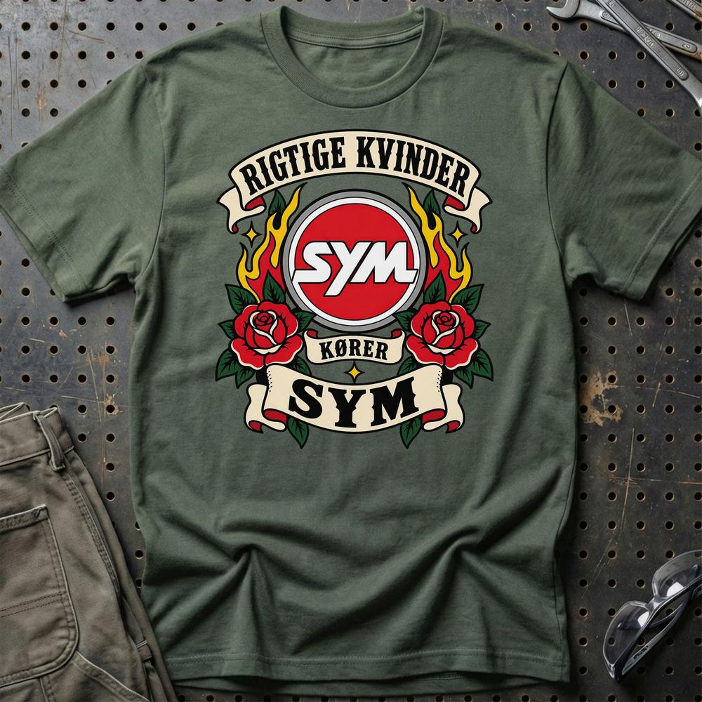 SYM Rigtige Kvinder Kører – Roser og Flammer T-Shirt-Beklædning-SYM-Grøn Militær-S-Garage Culture Shop- garage - man cave - merchandise