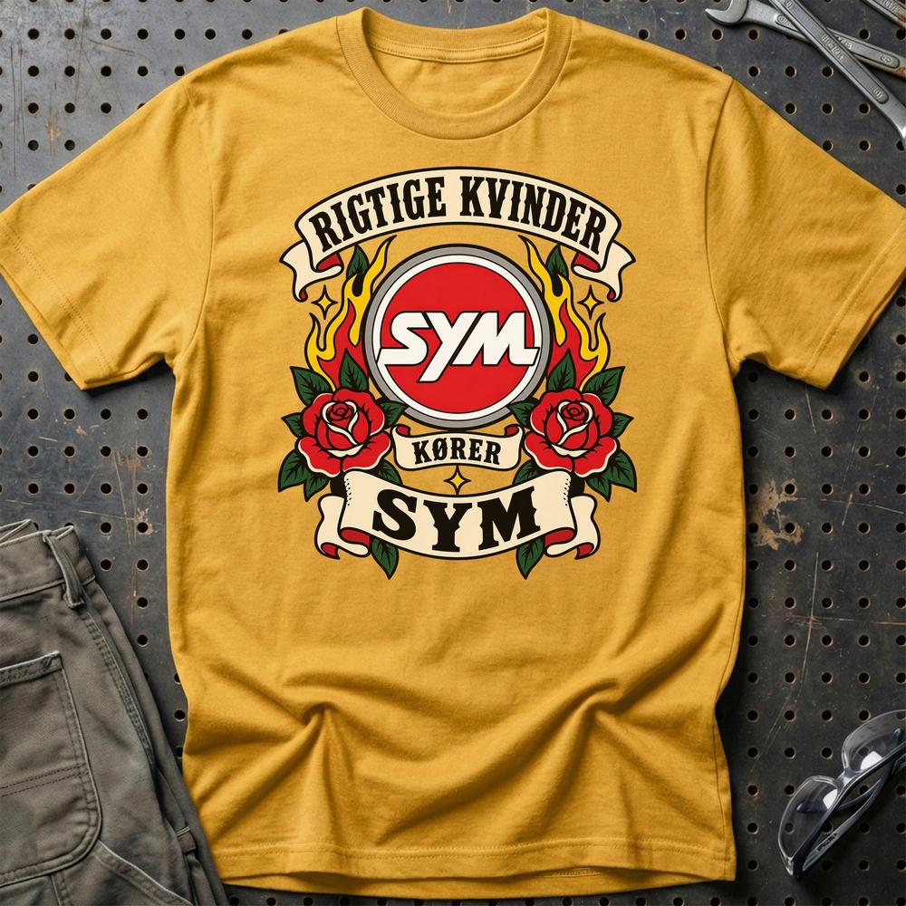 SYM Rigtige Kvinder Kører – Roser og Flammer T-Shirt-Beklædning-SYM-Guld-S-Garage Culture Shop- garage - man cave - merchandise