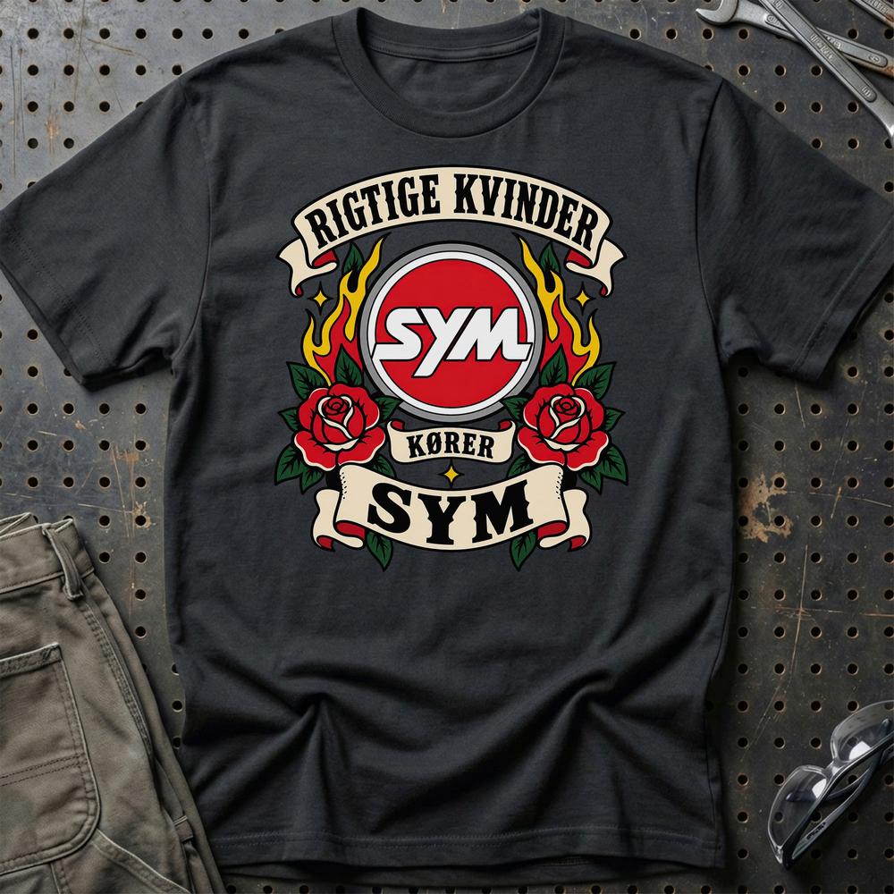 SYM Rigtige Kvinder Kører – Roser og Flammer T-Shirt-Beklædning-SYM-Sort-S-Garage Culture Shop- garage - man cave - merchandise
