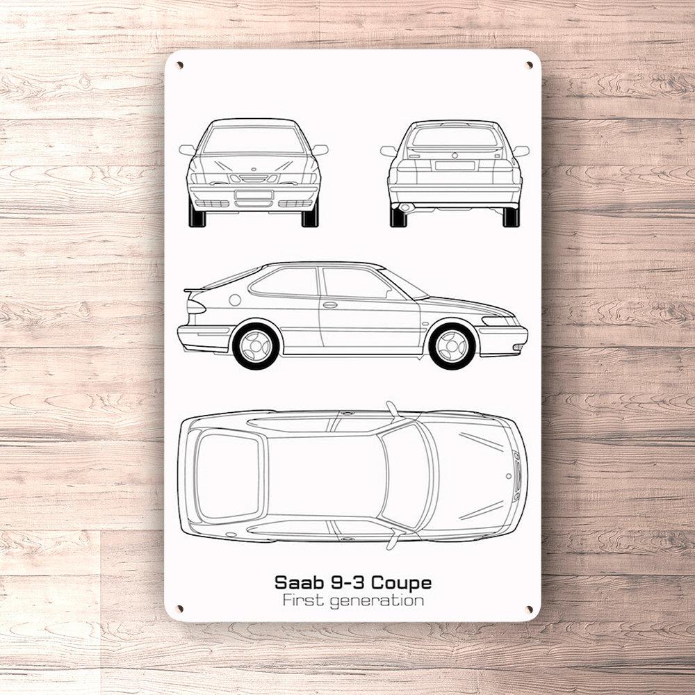 Saab 9-3 3-Door First Gen Blueprint Skilte, Musemåtte, Dørmåtte , Plakat-Blueprint-Saab-Garage Culture Shop- garage - man cave - merchandise