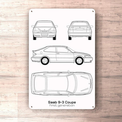 Saab 9-3 3-Door First Gen Blueprint Skilte, Musemåtte, Dørmåtte , Plakat-Blueprint-Saab-Garage Culture Shop- garage - man cave - merchandise