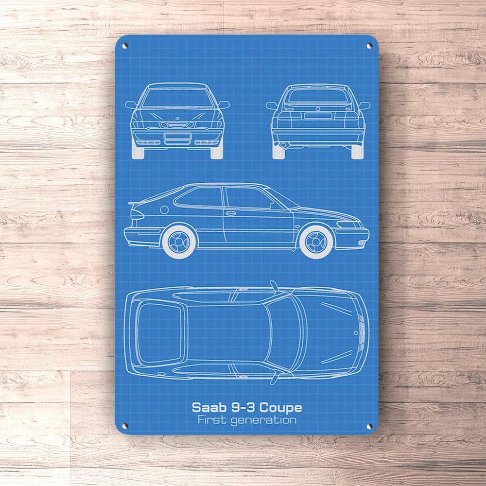 Saab 9-3 3-Door First Gen Blueprint Skilte, Musemåtte, Dørmåtte , Plakat-Blueprint-Saab-Garage Culture Shop- garage - man cave - merchandise