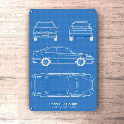 Saab 9-3 3-Door First Gen Blueprint Skilte, Musemåtte, Dørmåtte , Plakat-Blueprint-Saab-Garage Culture Shop- garage - man cave - merchandise