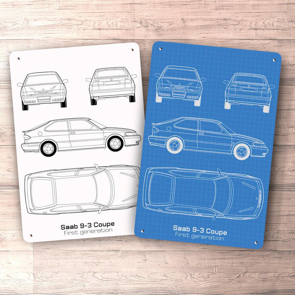 Saab 9-3 3-Door First Gen Blueprint Skilte, Musemåtte, Dørmåtte , Plakat-Blueprint-Saab-Garage Culture Shop- garage - man cave - merchandise