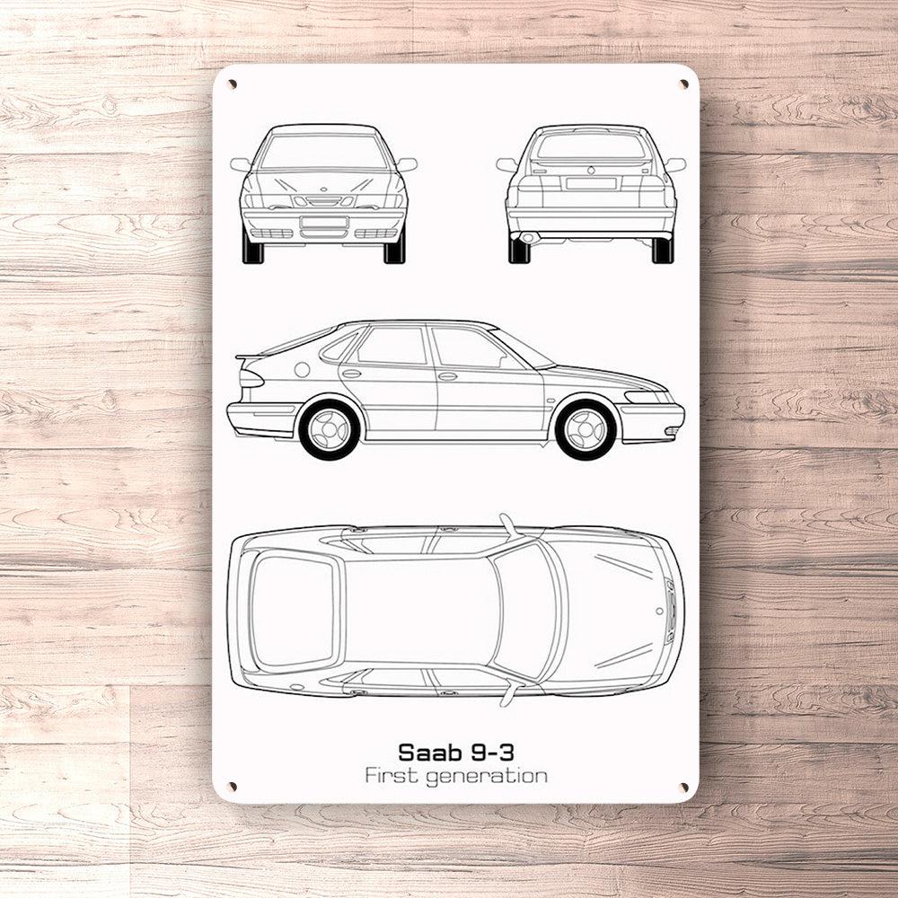 Saab 9-3 5-Door First Gen Blueprint Skilte, Musemåtte, Dørmåtte , Plakat-Blueprint-Saab-Garage Culture Shop- garage - man cave - merchandise