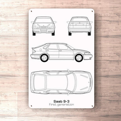 Saab 9-3 5-Door First Gen Blueprint Skilte, Musemåtte, Dørmåtte , Plakat-Blueprint-Saab-Garage Culture Shop- garage - man cave - merchandise