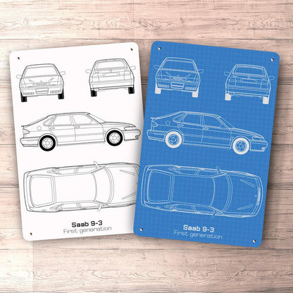 Saab 9-3 5-Door First Gen Blueprint Skilte, Musemåtte, Dørmåtte , Plakat-Blueprint-Saab-Garage Culture Shop- garage - man cave - merchandise