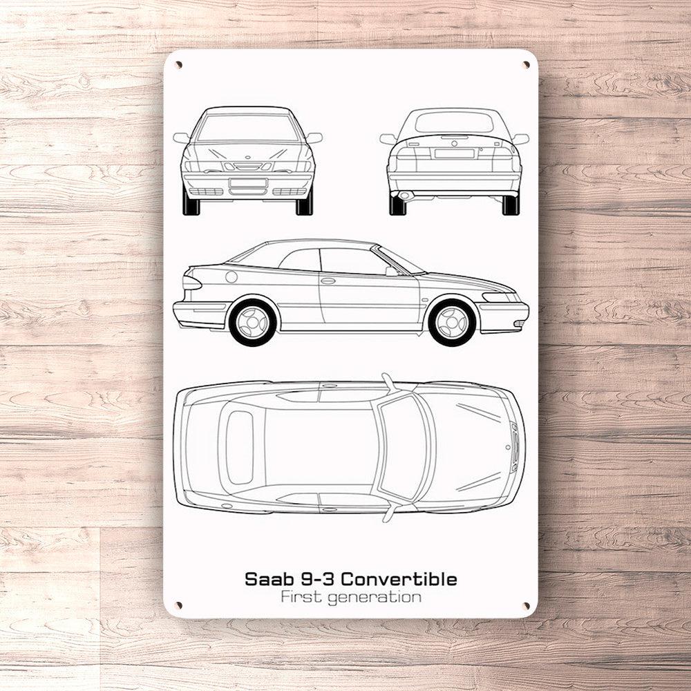 Saab 9-3 Cabrio First Gen Blueprint Skilte, Musemåtte, Dørmåtte , Plakat-Blueprint-Saab-Garage Culture Shop- garage - man cave - merchandise
