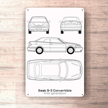 Saab 9-3 Cabrio First Gen Blueprint Skilte, Musemåtte, Dørmåtte , Plakat-Blueprint-Saab-Garage Culture Shop- garage - man cave - merchandise