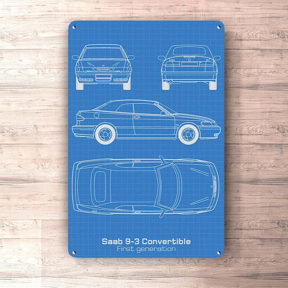 Saab 9-3 Cabrio First Gen Blueprint Skilte, Musemåtte, Dørmåtte , Plakat-Blueprint-Saab-Garage Culture Shop- garage - man cave - merchandise