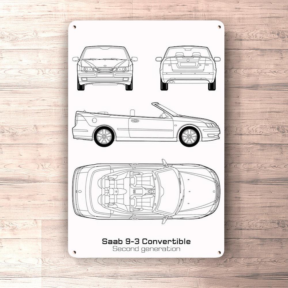 Saab 9-3 Cabrio Second Gen Blueprint Skilte, Musemåtte, Dørmåtte , Plakat-Blueprint-Saab-Garage Culture Shop- garage - man cave - merchandise