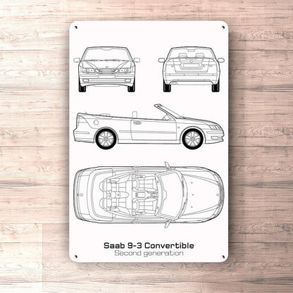 Saab 9-3 Cabrio Second Gen Blueprint Skilte, Musemåtte, Dørmåtte , Plakat-Blueprint-Saab-Garage Culture Shop- garage - man cave - merchandise