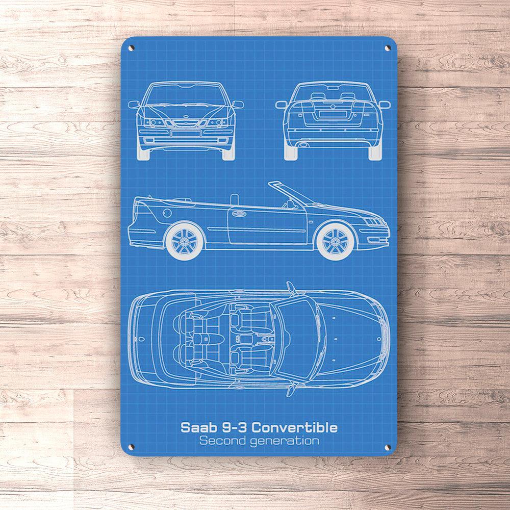 Saab 9-3 Cabrio Second Gen Blueprint Skilte, Musemåtte, Dørmåtte , Plakat-Blueprint-Saab-Garage Culture Shop- garage - man cave - merchandise