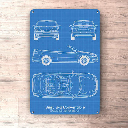 Saab 9-3 Cabrio Second Gen Blueprint Skilte, Musemåtte, Dørmåtte , Plakat-Blueprint-Saab-Garage Culture Shop- garage - man cave - merchandise